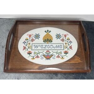 Vintage Welcome Tray Cross‎ Stitch Floral Pineapple Accent Decor Serving